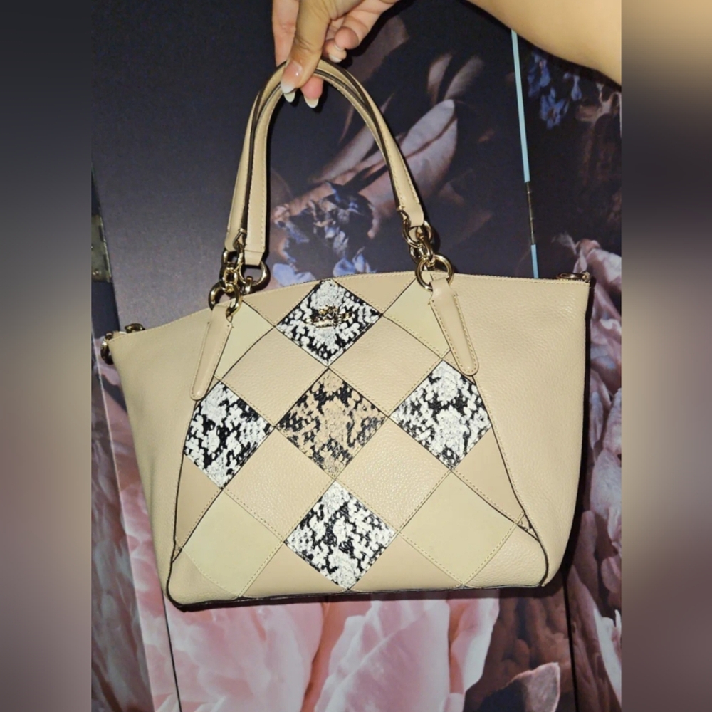 Coach Beige Patchwork Satchel with Black & White Snakeskin Panels